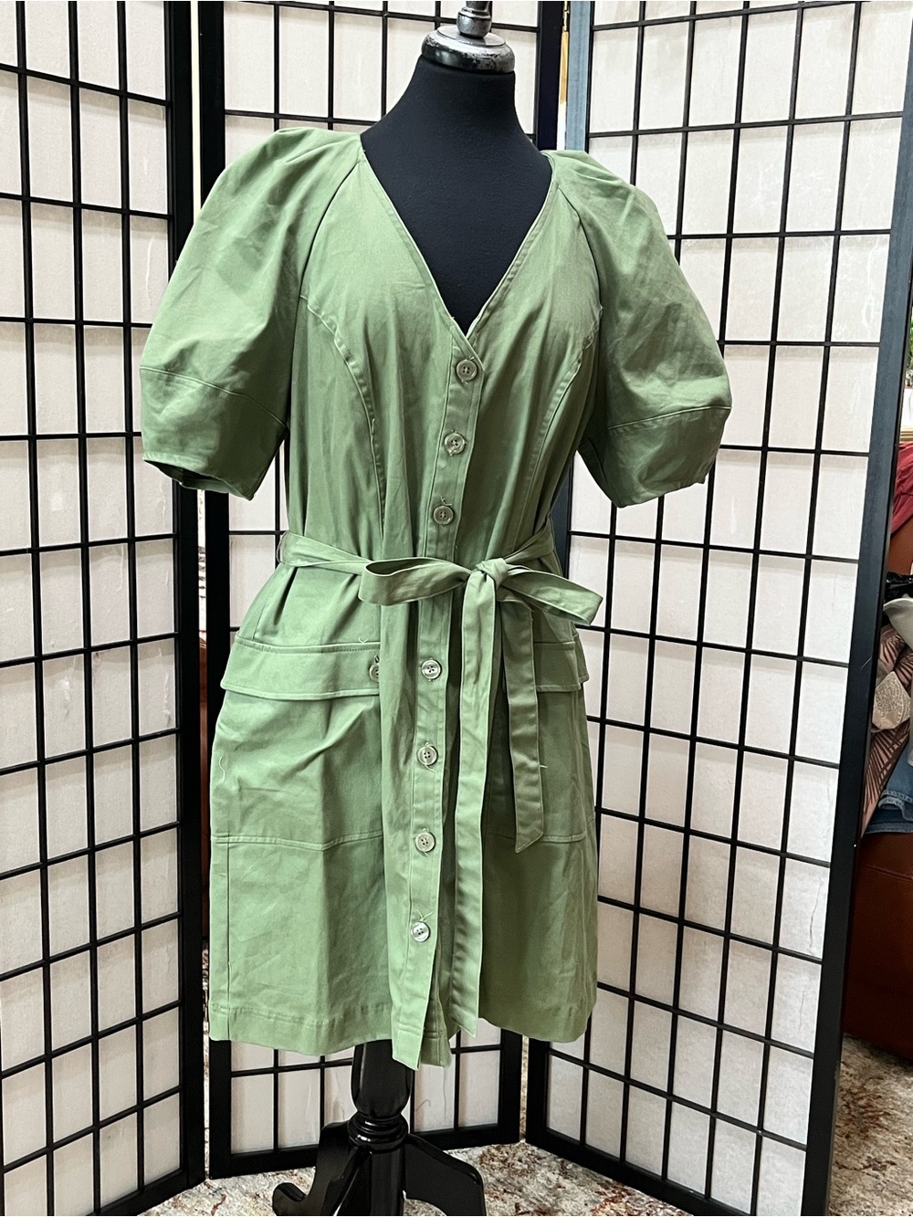 New York & Company Olive Green Button-Front Utility Dress, SHORT PUFF SLEEVES XL